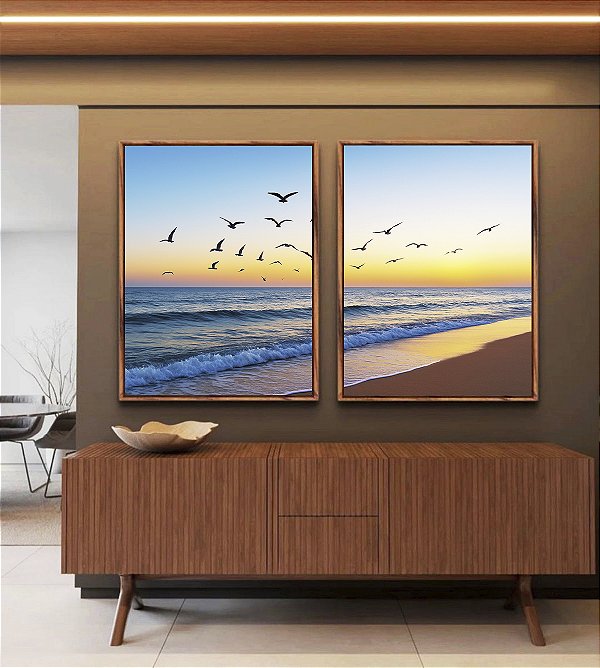 Duo de Quadros Praia de Mar Azul e Pássaros no céu Natureza Canvas Moldura