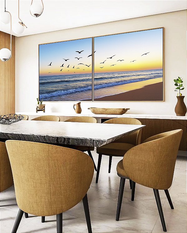 Duo de Quadros Quadrados Praia de Mar Azul e Pássaros no céu Natureza Canvas Moldura