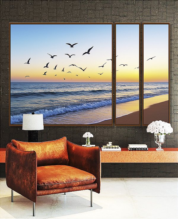 Trio de Quadros Estilizados Praia de Mar Azul e Pássaros no céu Natureza Canvas Moldura