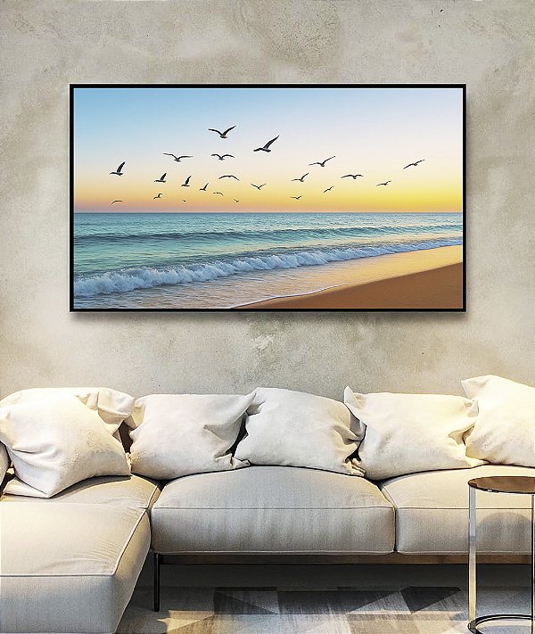 Quadro Horizontal Pássaros Voando em Praia de Mar e Céu Claro Natureza Canvas Moldura