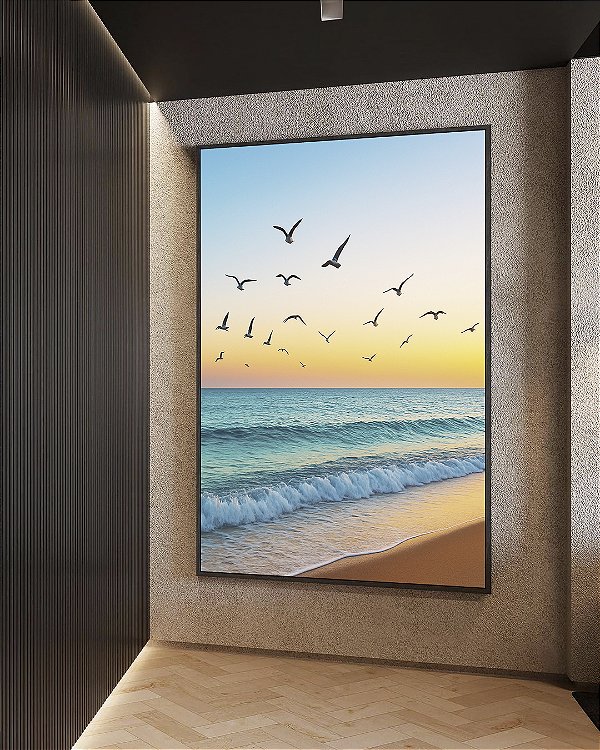 Quadro Vertical Pássaros Voando em Praia de Mar e Céu Claro Natureza Canvas Moldura