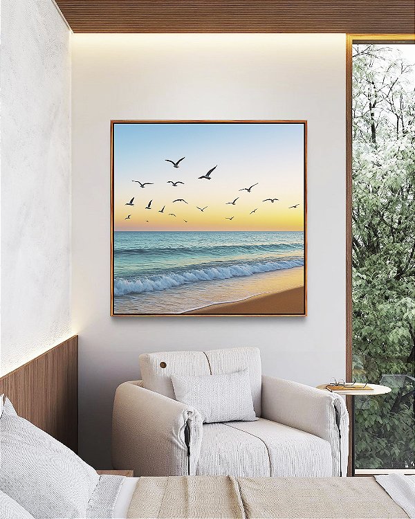 Quadro Quadrado Pássaros Voando em Praia de Mar e Céu Claro Natureza Canvas Moldura