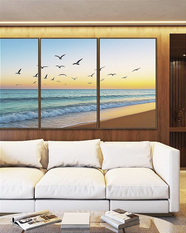 Trio de Quadros Pássaros Voando em Praia de Mar e Céu Claro Natureza Canvas Moldura