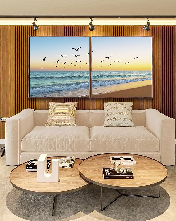 Duo de Quadros Quadrados Pássaros Voando em Praia de Mar e Céu Claro Natureza Canvas Moldura