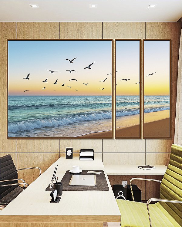 Trio de Quadros Estilizados Pássaros Voando em Praia de Mar e Céu Claro Natureza Canvas Moldura