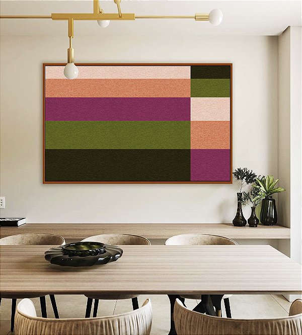 Quadro Horizontal Abstrato Geométrico Listras Rosa Verde Canvas Moldura