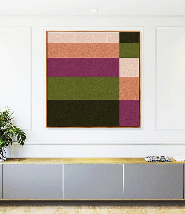 Quadro Quadrado Abstrato Geométrico Listras Rosa Verde Canvas Moldura