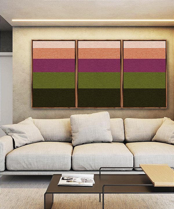Trio de Quadros Abstrato Geométrico Listras Rosa Verde Canvas Moldura