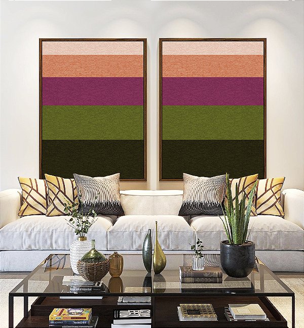 Duo de Quadros Abstrato Geométrico Listras Rosa Verde Canvas Moldura