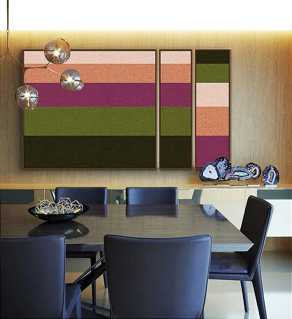Trio de Quadros Estilizados Abstrato Geométrico Listras Rosa Verde Canvas Moldura