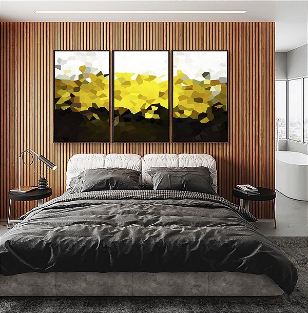 Trio de Quadros Abstrato Mosaico Dourado Marrom Branco Canvas Moldura