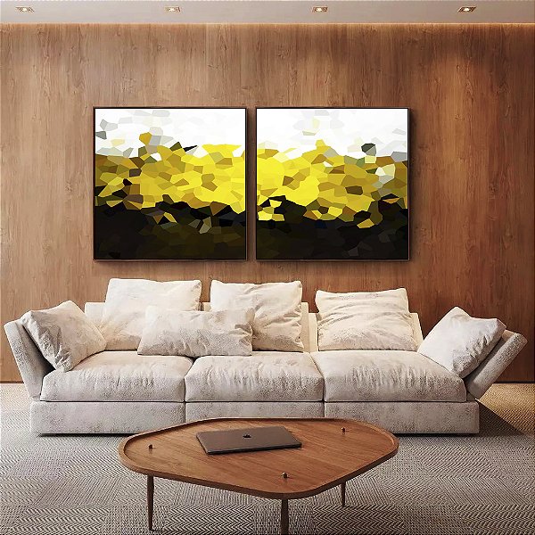 Duo de Quadros Quadrados Abstrato Mosaico Dourado Marrom Branco Canvas Moldura