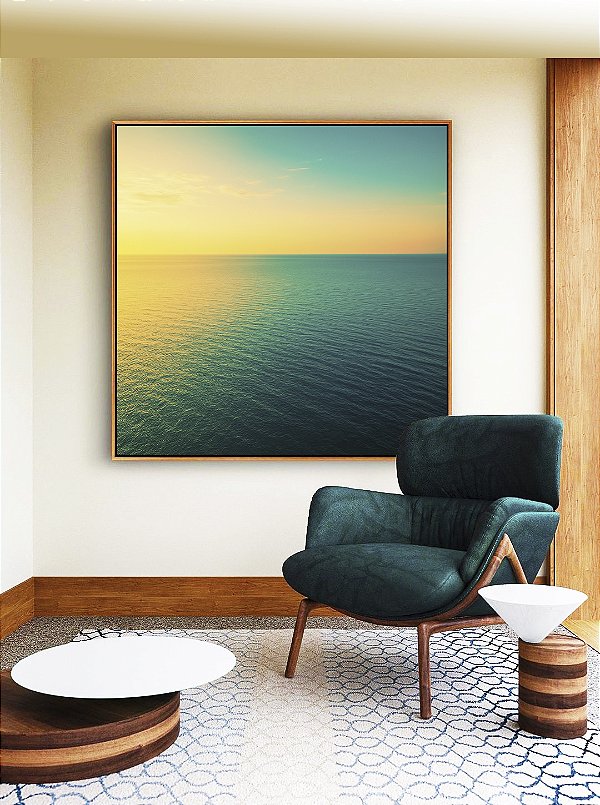 Quadro Quadrado Mar Turquesa Calmo e Pôr do Sol Natureza Canvas Moldura