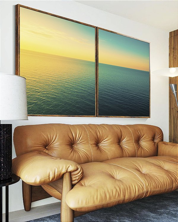 Duo de Quadros Mar Turquesa Calmo e Pôr do Sol Natureza Canvas Moldura