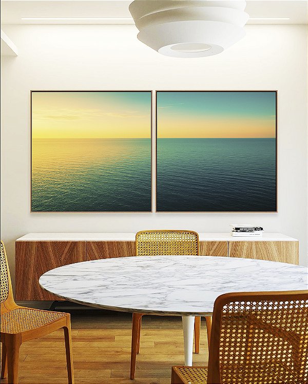 Duo de Quadros Quadrados Mar Turquesa Calmo e Pôr do Sol Natureza Canvas Moldura