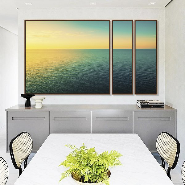 Trio de Quadros Estilizados Mar Turquesa Calmo e Pôr do Sol Natureza Canvas Moldura