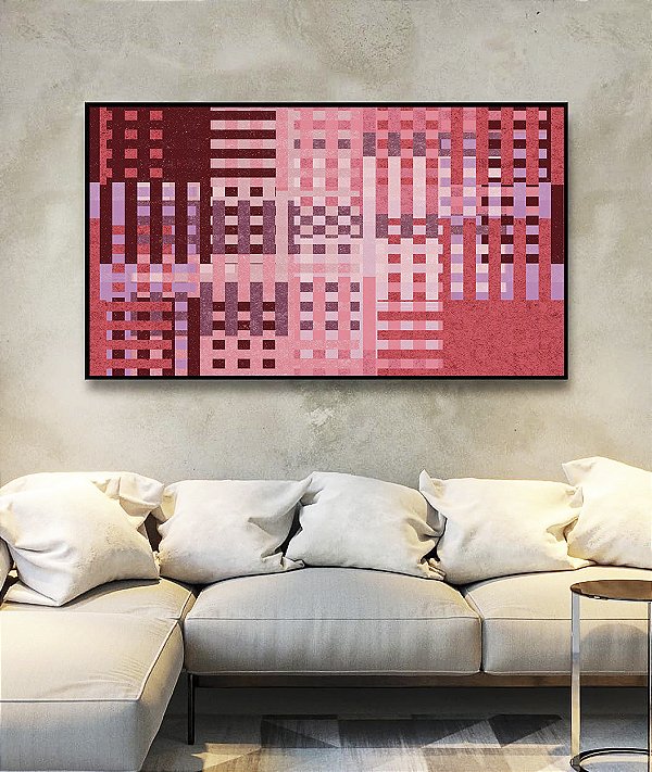 Quadro Horizontal Abstrato Mosaico Geométrico Vermelho Rosa Vinho Canvas Moldura