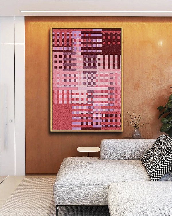 Quadro Vertical Abstrato Mosaico Geométrico Vermelho Rosa Vinho Canvas Moldura