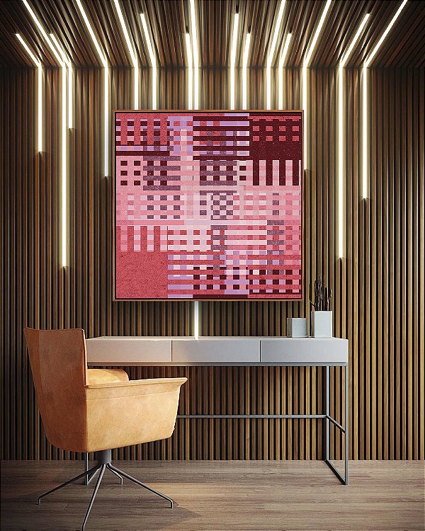 Quadro Quadrado Abstrato Mosaico Geométrico Vermelho Rosa Vinho Canvas Moldura