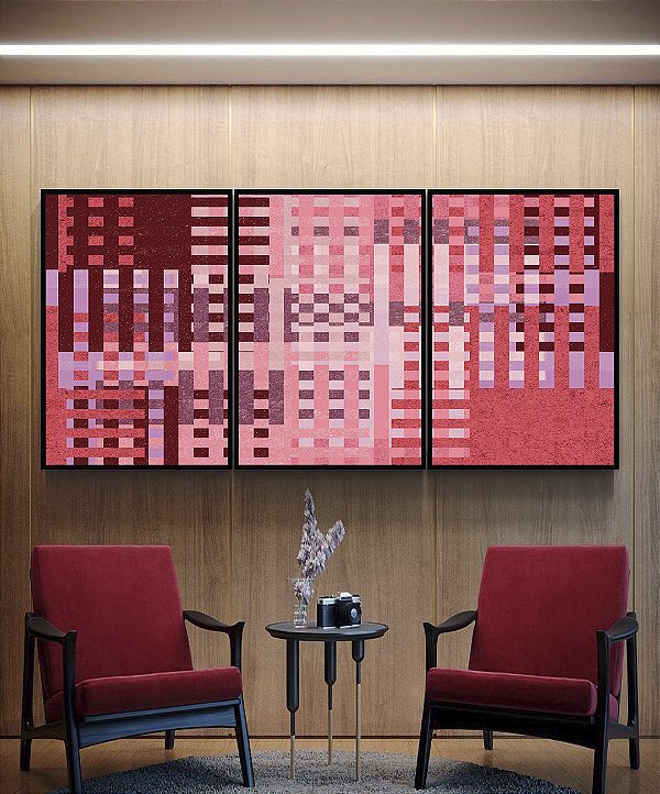 Trio de Quadros Abstrato Mosaico Geométrico Vermelho Rosa Vinho Canvas Moldura