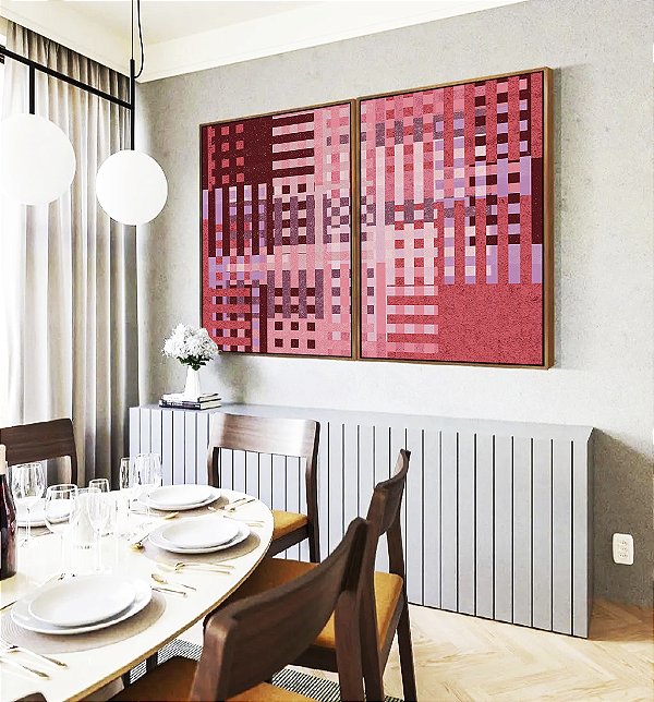 Duo de Quadros Abstrato Mosaico Geométrico Vermelho Rosa Vinho Canvas Moldura