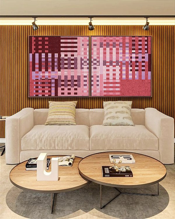 Duo de Quadros Quadrados Abstrato Mosaico Geométrico Vermelho Rosa Vinho Canvas Moldura