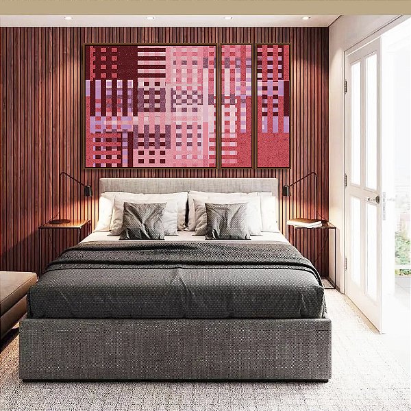 Trio de Quadros Estilizados Abstrato Mosaico Geométrico Vermelho Rosa Vinho Canvas Moldura