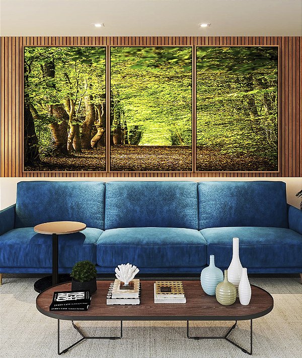 Trio de Quadros Caminho Entre Árvores Floresta Natureza Canvas Moldura