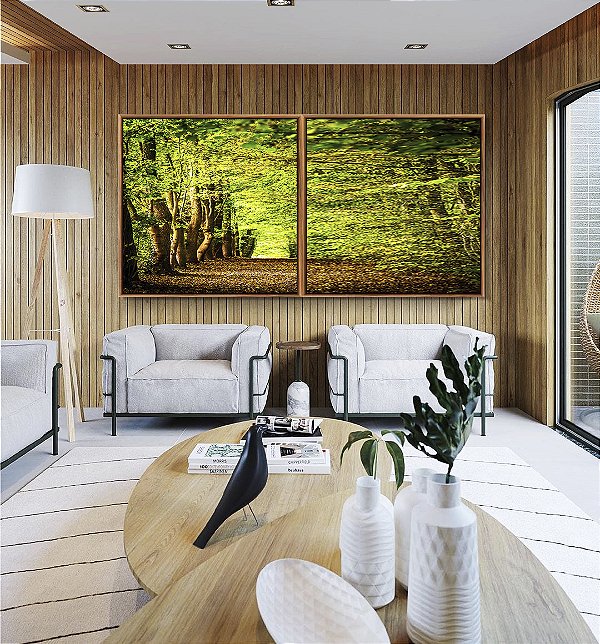 Duo de Quadros Quadrados Caminho Entre Árvores Floresta Natureza Canvas Moldura