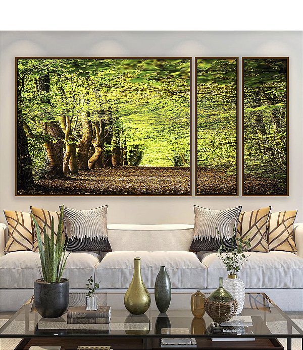 Trio de Quadros Estilizados Caminho Entre Árvores Floresta Natureza Canvas Moldura