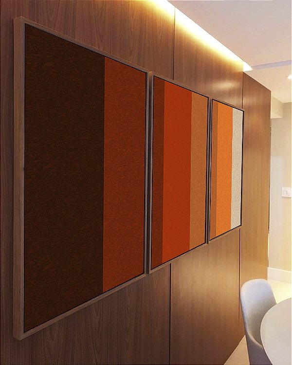 Trio de Quadros Abstrato Geométrico Degradê Marrom Laranja Canvas Moldura