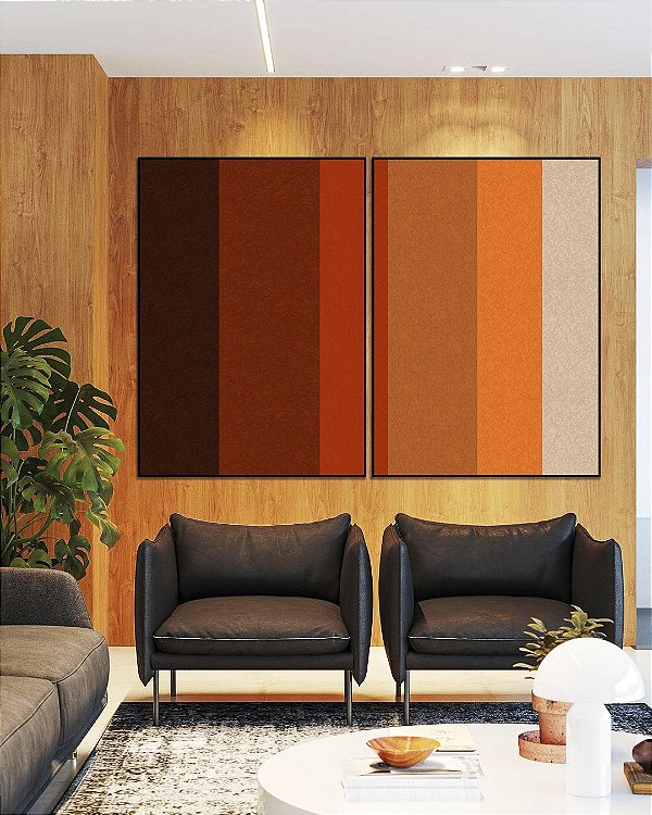 Duo de Quadros Abstrato Geométrico Degradê Marrom Laranja Canvas Moldura
