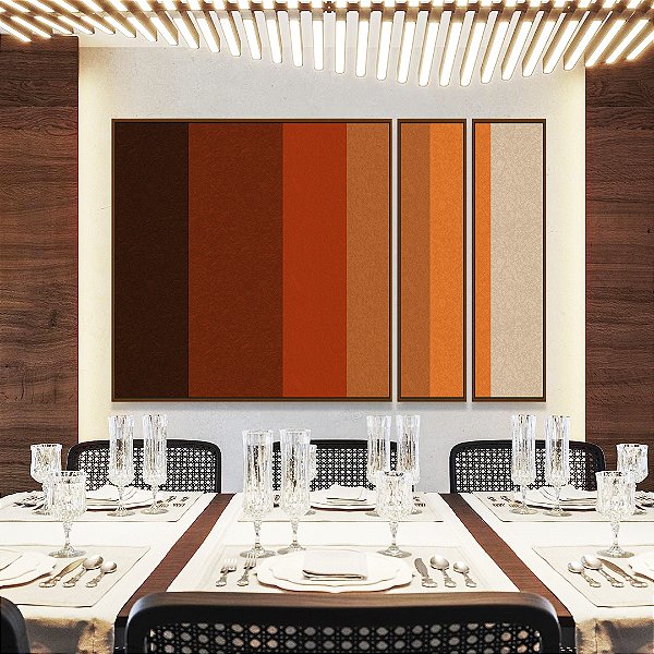 Trio de Quadros Estilizados Abstrato Geométrico Degradê Marrom Laranja Canvas Moldura