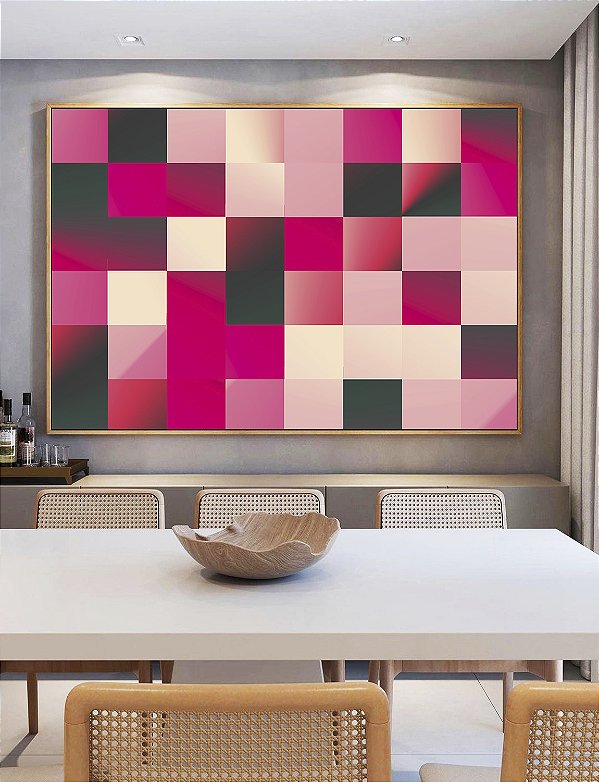 Quadro Horizontal Abstrato Geométrico Degradê Mosaico Rosa Canvas Moldura