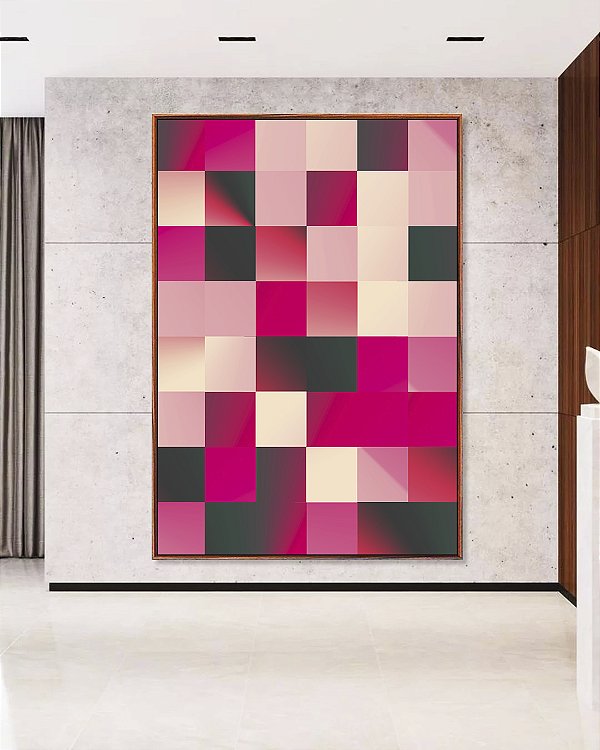 Quadro Vertical Abstrato Geométrico Degradê Mosaico Rosa Canvas Moldura