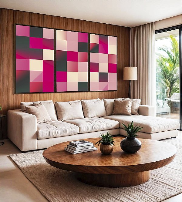 Trio de Quadros Abstrato Geométrico Degradê Mosaico Rosa Canvas Moldura