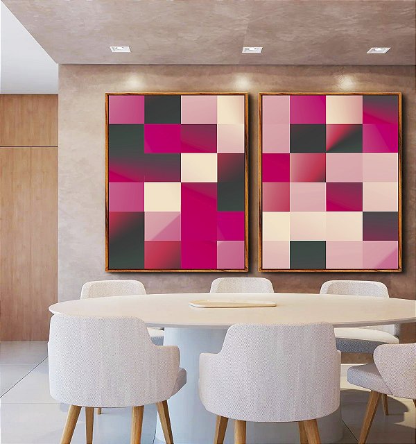 Duo de Quadros Abstrato Geométrico Degradê Mosaico Rosa Canvas Moldura