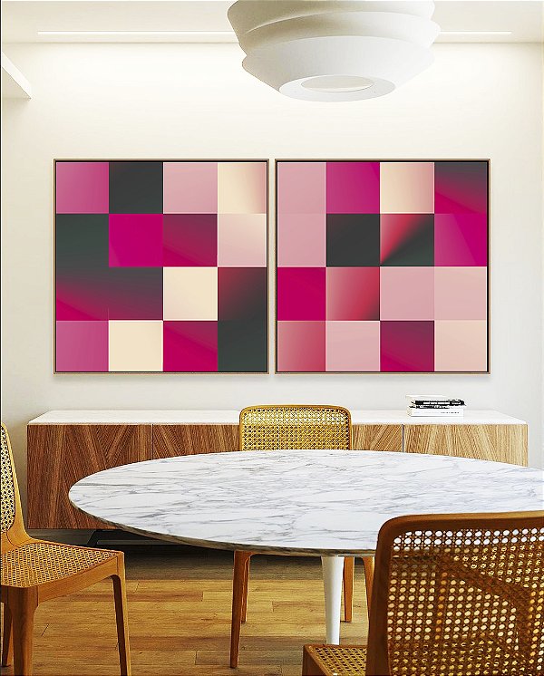 Duo de Quadros Quadrados Abstrato Geométrico Degradê Mosaico Rosa Canvas Moldura