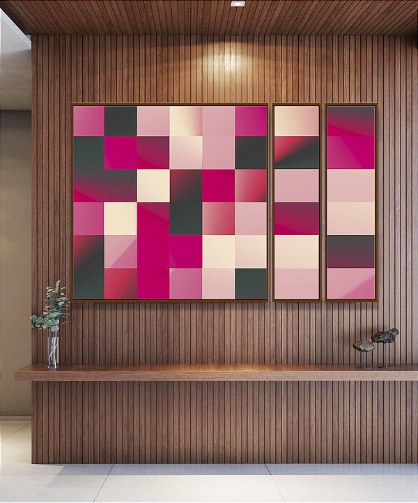 Trio de Quadros Estilizados Abstrato Geométrico Degradê Mosaico Rosa Canvas Moldura