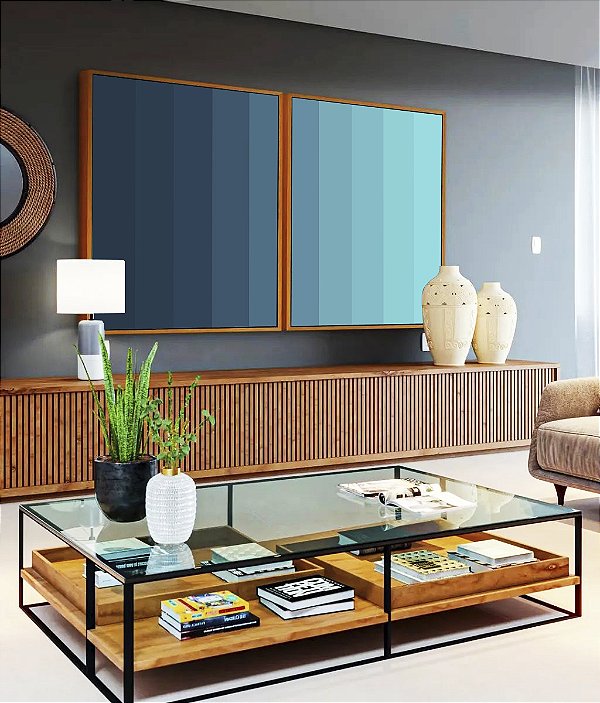 Duo de Quadros Abstrato Degradê Geométrico Azul Turquesa Canvas Moldura