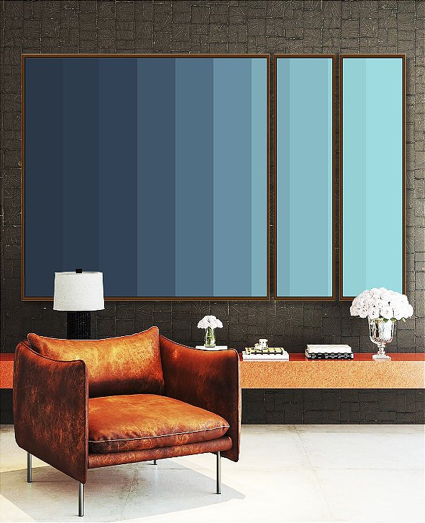 Trio de Quadros Estilizados Abstrato Degradê Geométrico Azul Turquesa Canvas Moldura
