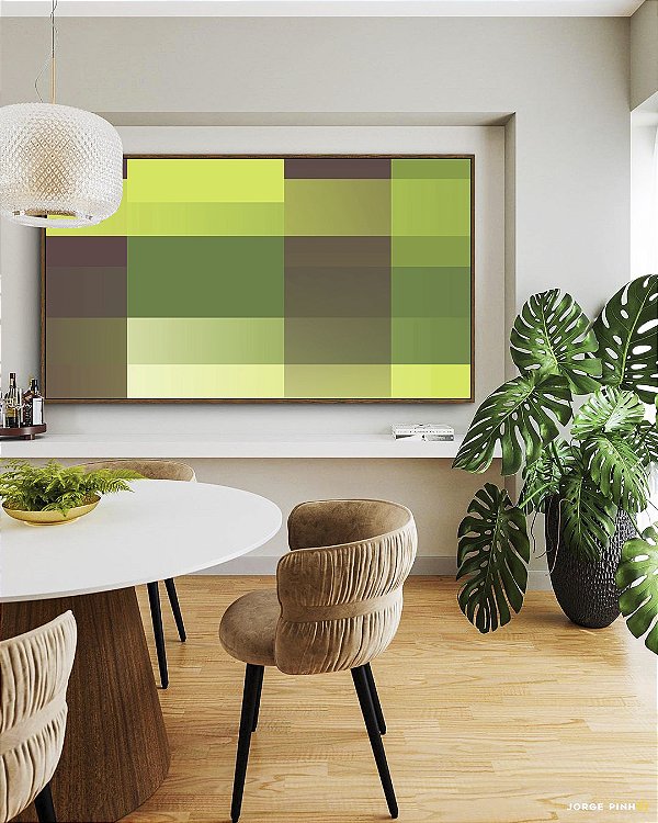 Quadro Horizontal Abstrato Degradê Mosaico Verde Marrom Canvas Moldura