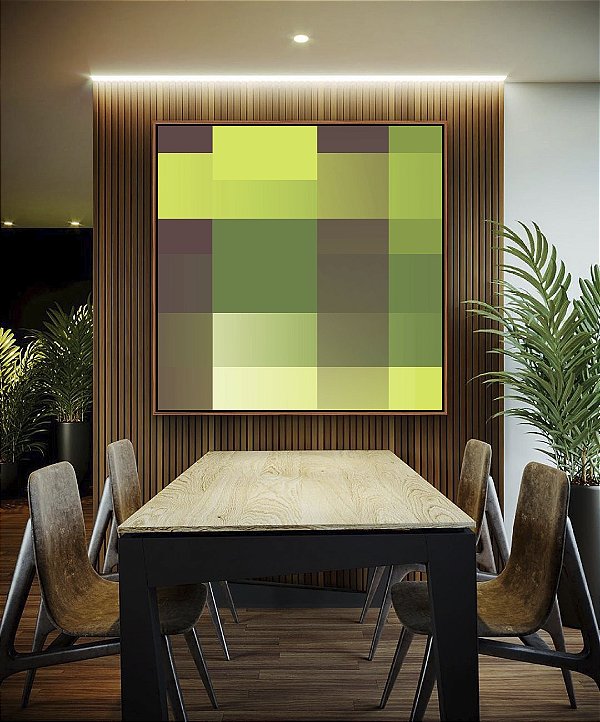 Quadro Quadrado Abstrato Degradê Mosaico Verde Marrom Canvas Moldura