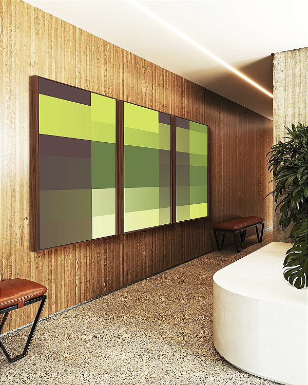 Trio de Quadros Abstrato Degradê Mosaico Verde Marrom Canvas Moldura