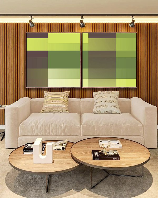 Duo de Quadros Quadrados Abstrato Degradê Mosaico Verde Marrom Canvas Moldura