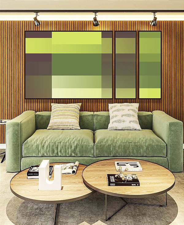 Trio de Quadros Estilizados Abstrato Degradê Mosaico Verde Marrom Canvas Moldura