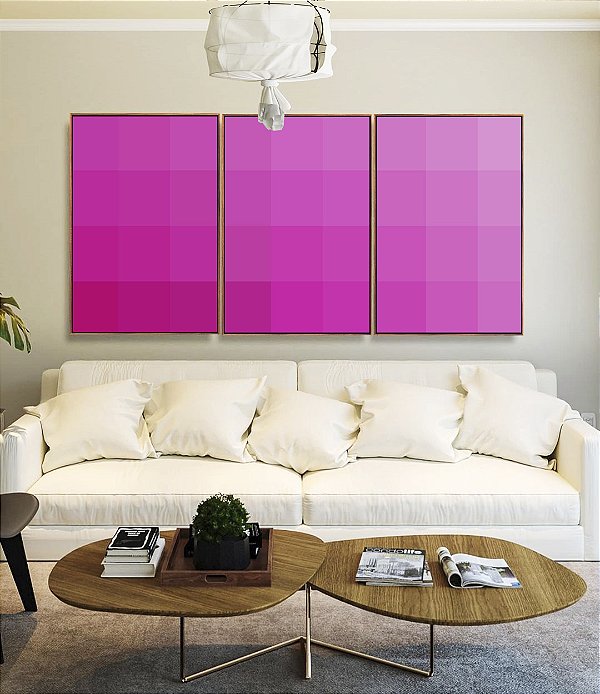 Trio de Quadros Abstrato Degradê Geométrico Rosa Canvas Moldura