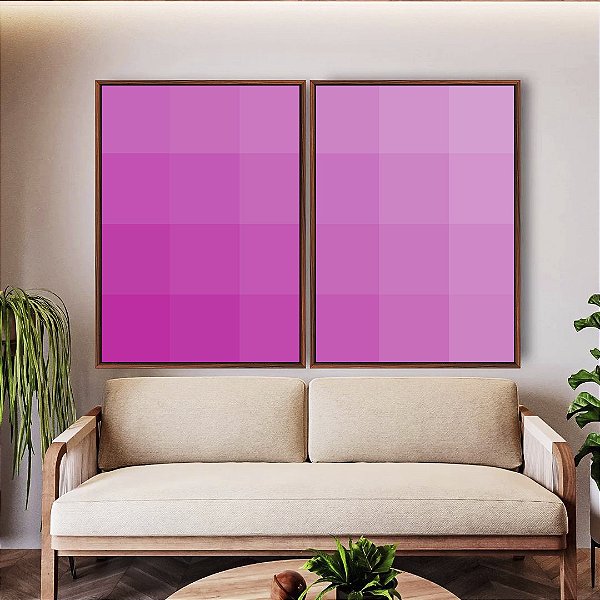 Duo de Quadros Abstrato Degradê Geométrico Rosa Canvas Moldura
