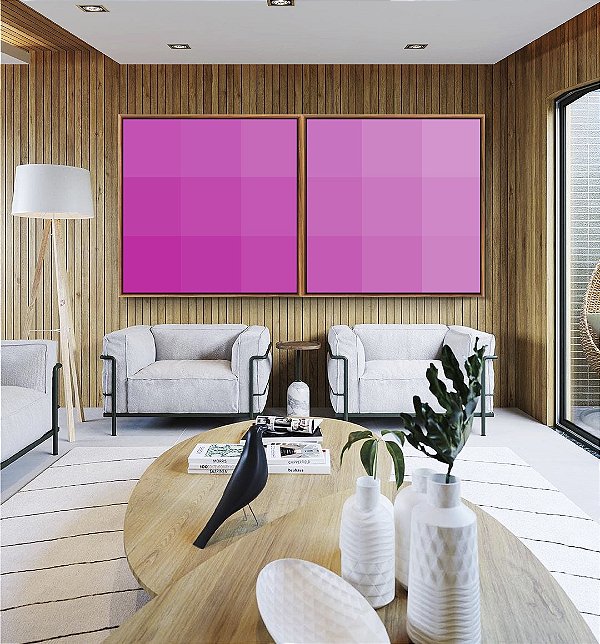 Duo de Quadros Quadrados Abstrato Degradê Geométrico Rosa Canvas Moldura