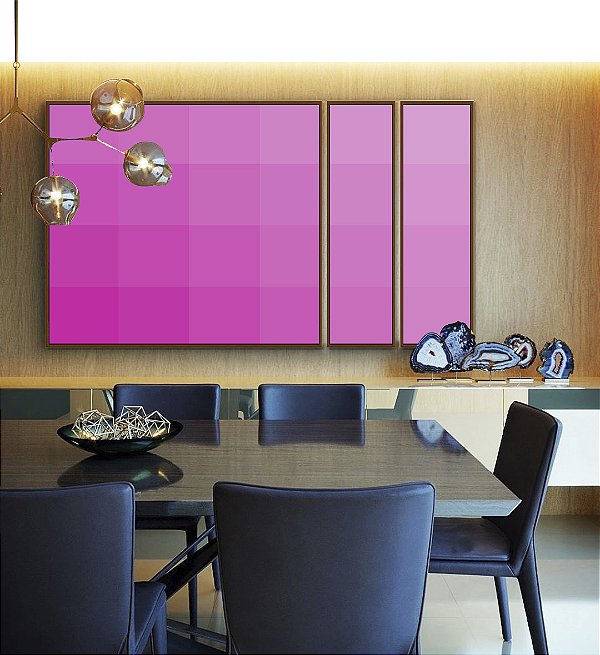 Trio de Quadros Estilizados Abstrato Degradê Geométrico Rosa Canvas Moldura